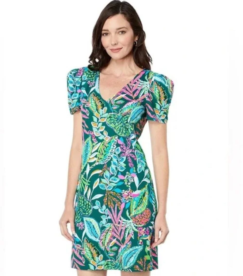 Lilly Pulitzer Aleece Small Cotton Jungle Print V-Neck Puff Sleeve Dress